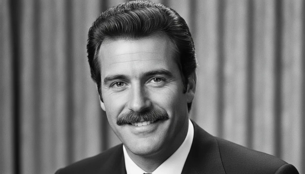 A black and white image of Tom Selleck smiling featuring his iconic mustache prominently