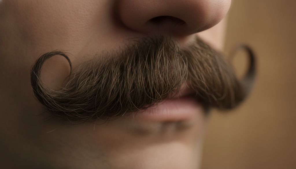 A close-up of a famous thick dark brown mustache similar to Tom Selleck s without showing the rest of the face