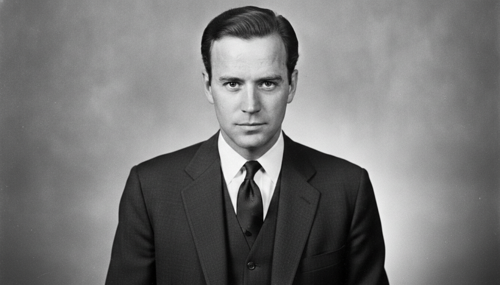 A black and white photo of a young Joe Biden in a suit from his early political career