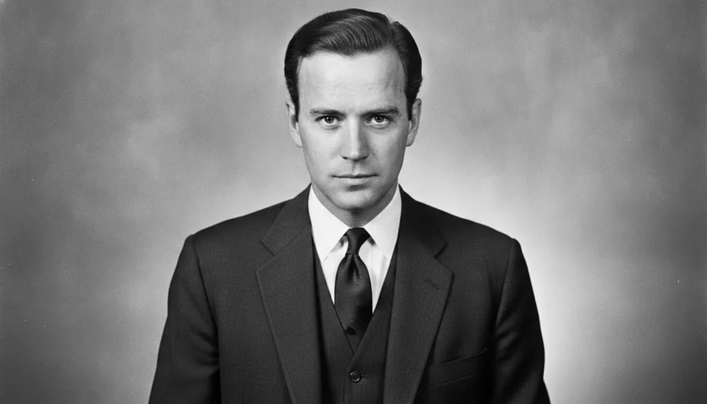 A black and white photo of a young Joe Biden in a suit from his early political career