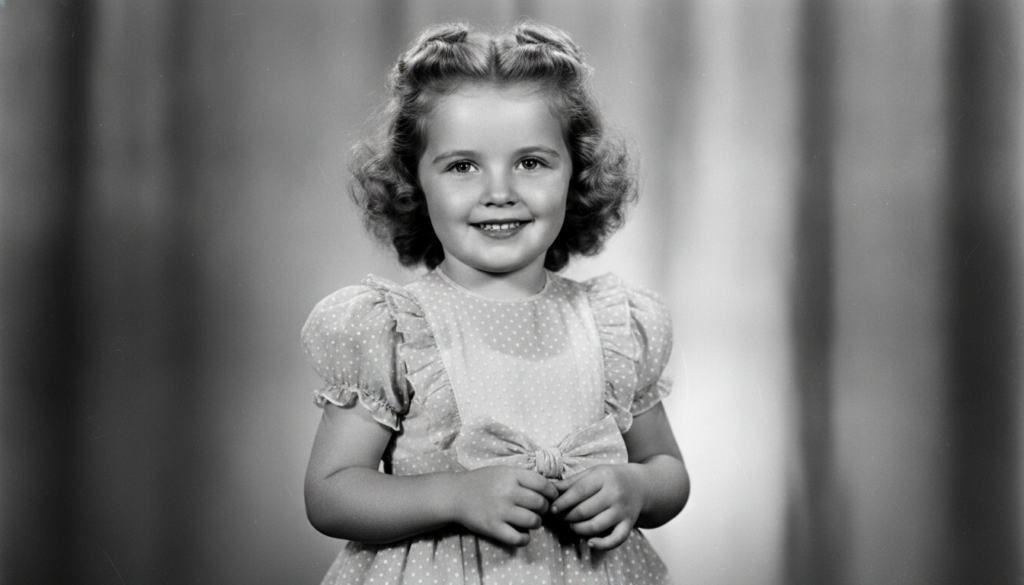A publicity photo of a very young Shirley Temple with her signature curly hair and bright smile from the 1930s