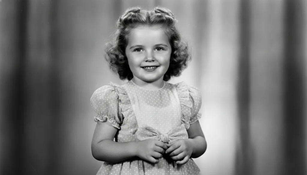 A publicity photo of a very young Shirley Temple with her signature curly hair and bright smile from the 1930s