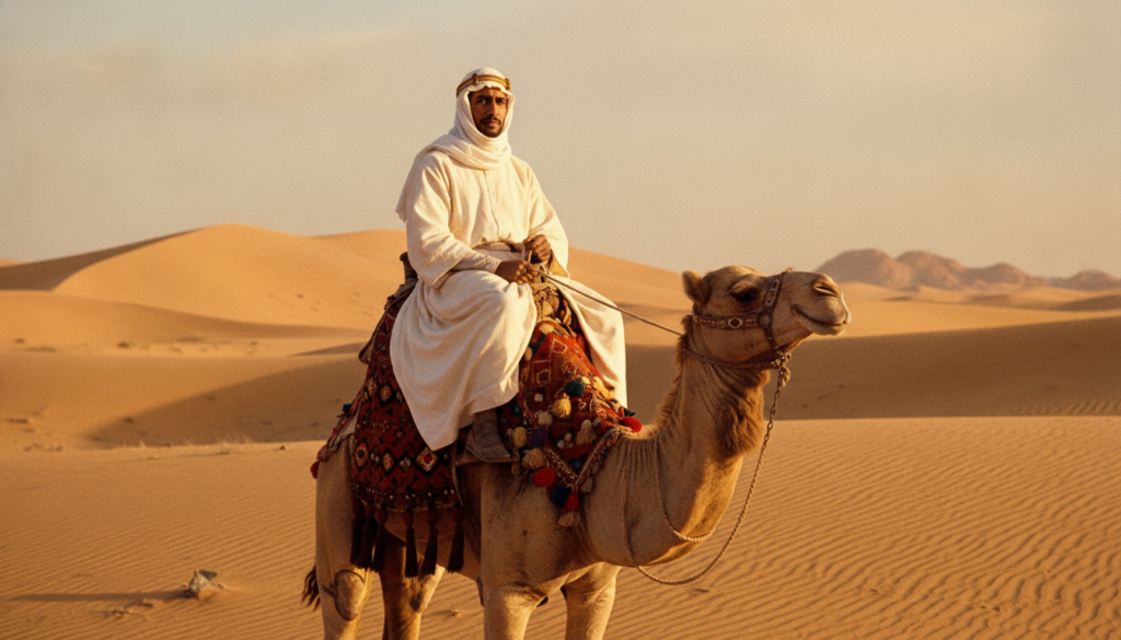 Omar Sharif in character as Sherif Ali from Lawrence of Arabia wearing traditional Arab attire riding a camel in a deser