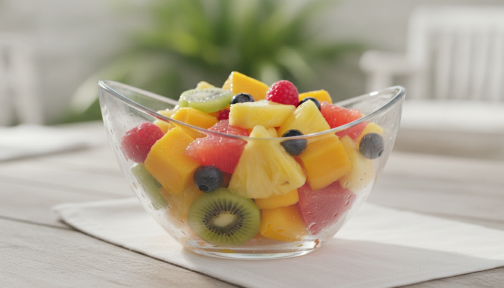 A delicious and colorful fruit salad featuring mangoes pineapples and other yellow fruits ready to be enjoyed as a healt