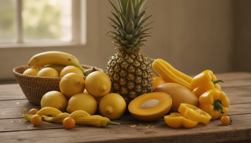 A beautiful still life composition of various yellow fruits and vegetables like lemons mangoes yellow bell peppers and p