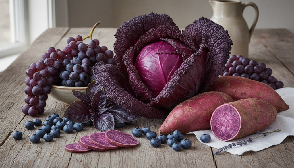 A vibrant assortment of various purple foods such as blueberries purple cabbage purple sweet potatoes and grapes artfull