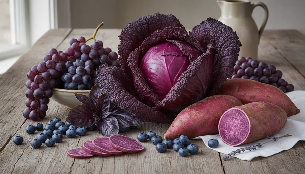 A vibrant assortment of various purple foods such as blueberries purple cabbage purple sweet potatoes and grapes artfull