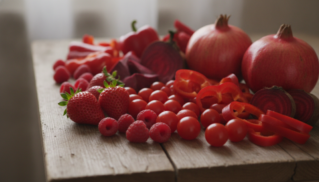 A vibrant assortment of red superfoods like strawberries raspberries pomegranates tomatoes red bell peppers and beets ar