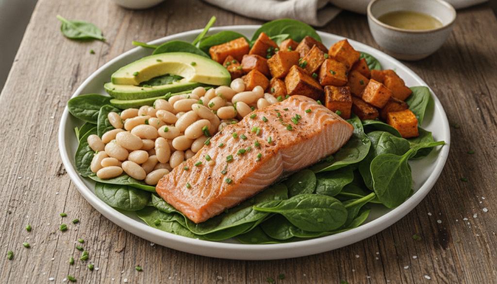 A vibrant healthy plate featuring a selection of potassium-rich foods like spinach white beans salmon avocado and sweet 