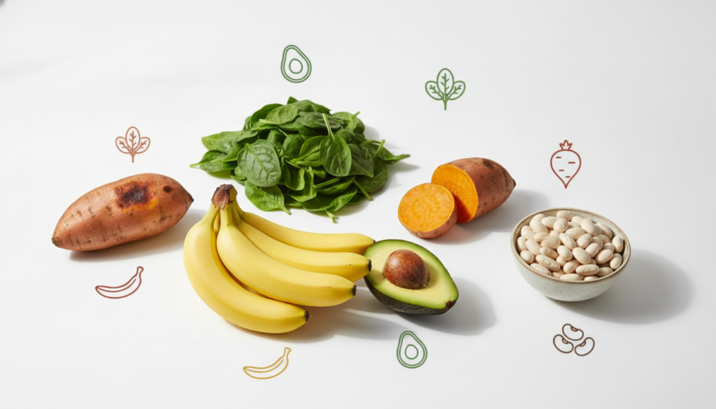 A colorful array of various potassium-rich foods clearly labeled such as bananas avocados spinach sweet potatoes and whi