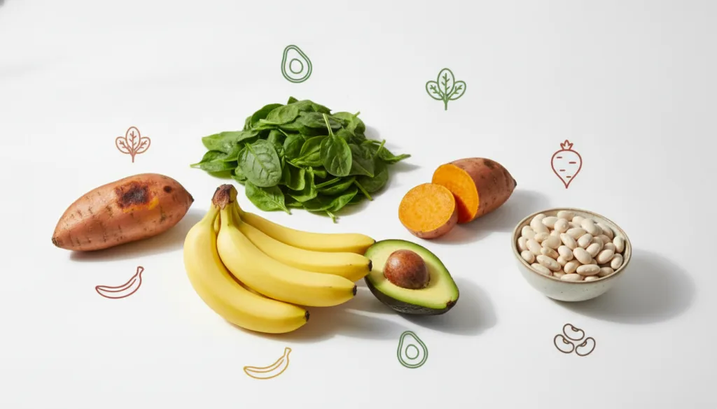 A colorful array of various potassium-rich foods clearly labeled such as bananas avocados spinach sweet potatoes and whi