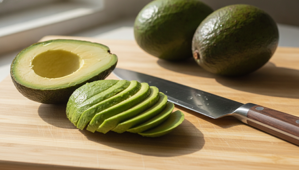 A perfectly sliced avocado on a light wooden cutting board with a knife nearby and some whole avocados in the background