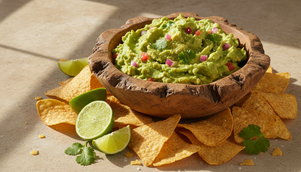 A bowl of freshly made guacamole with tortilla chips limes and cilantro on the side ready for a healthy snack