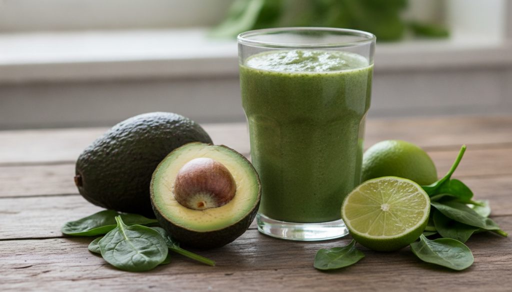 A vibrant green smoothie with avocado spinach and other healthy ingredients in a glass next to fresh avocados and green 