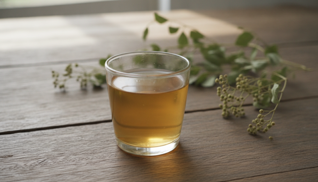 A clear glass cup filled with light amber colored Phyllanthus niruri tea with a few dried sprigs of the plant visible on