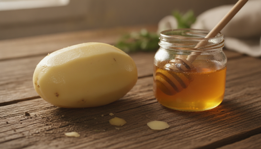A close-up shot of a peeled potato and a jar of golden honey on a rustic wooden table with natural light highlighting th