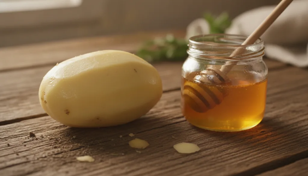 A close-up shot of a peeled potato and a jar of golden honey on a rustic wooden table with natural light highlighting th