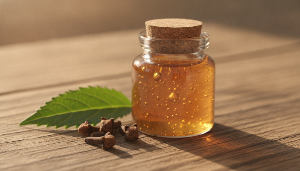 A close-up shot of a small glass jar filled with a light brown translucent clove gel next to a few dried cloves and a sm