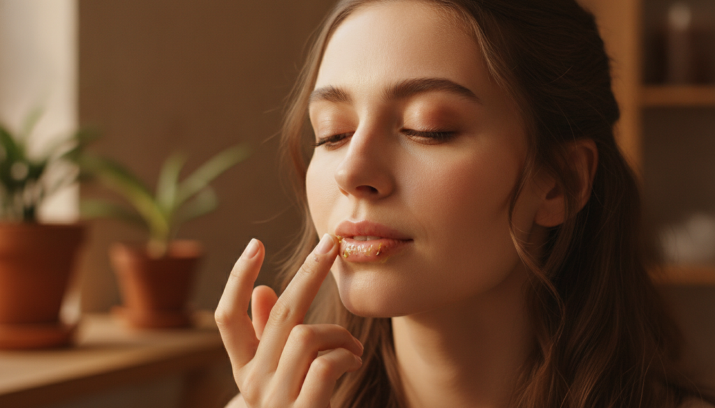 A woman gently applying a homemade lip balm to her lips using her fingertip after exfoliating