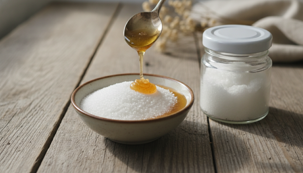 Ingredients for a homemade lip scrub a small bowl of sugar a spoon with honey and a small jar of coconut oil on a wooden
