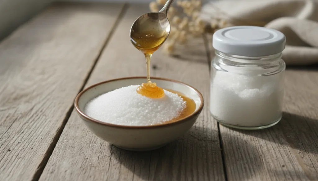 Ingredients for a homemade lip scrub a small bowl of sugar a spoon with honey and a small jar of coconut oil on a wooden
