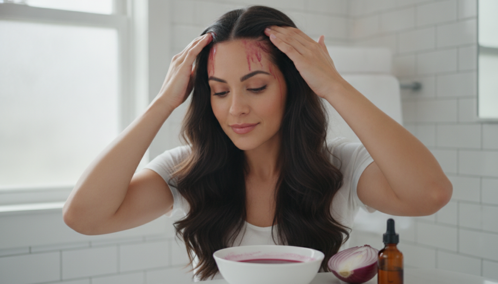 A woman gently massaging red onion juice into her scalp with her hair parted to show the application in a bright bathroo