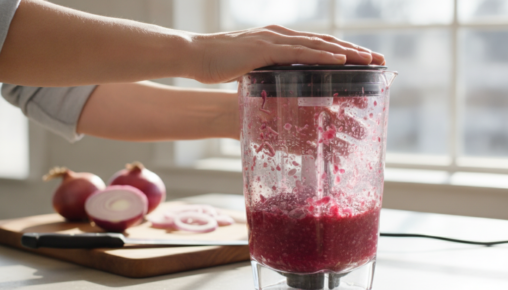 Hands blending red onions in a blender to make a smooth paste with fresh red onions on a cutting board in the background