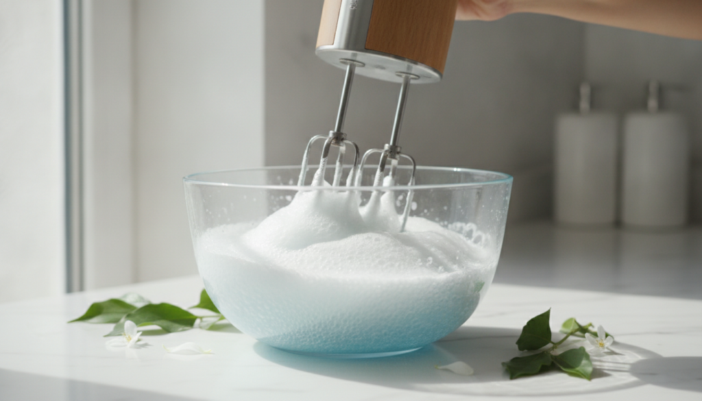 Ingredients for a natural whipped face wash being mixed in a bowl with a hand mixer showing a frothy light texture formi