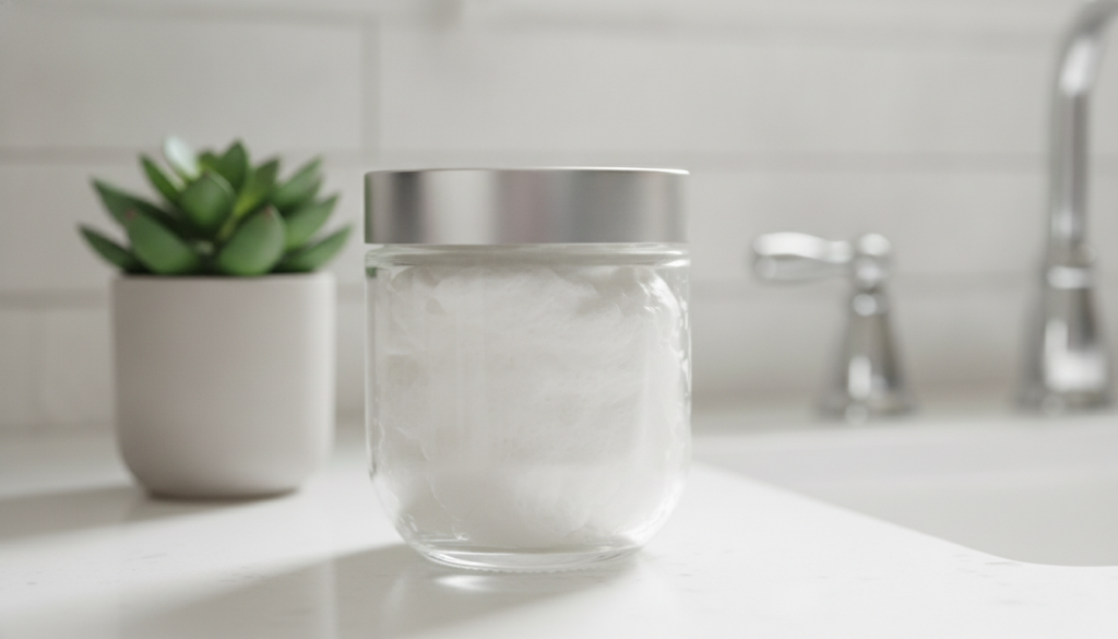 A clear glass jar filled with the finished light and frothy whipped face wash placed on a clean bathroom counter next to