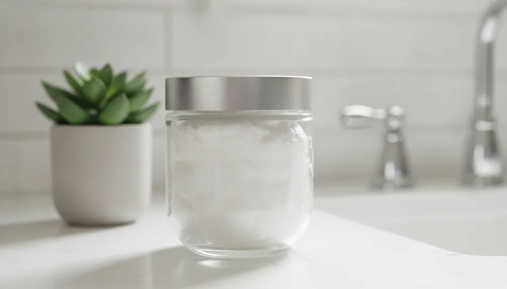 A clear glass jar filled with the finished light and frothy whipped face wash placed on a clean bathroom counter next to
