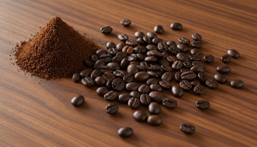 A close-up shot of coffee beans and finely ground coffee powder on a rustic surface highlighting the raw ingredient The 