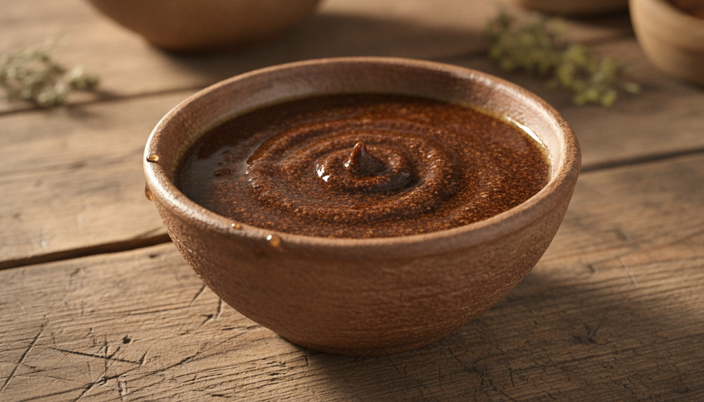 A bowl containing a mixture of instant coffee granules and baby oil with a small spoon beside it suggesting a DIY beauty