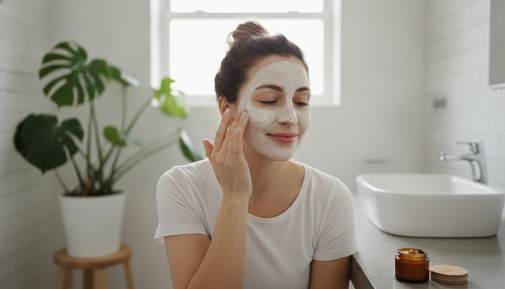 A woman applying a homemade natural face mask to her glowing healthy skin in a bright inviting bathroom She has a happy 