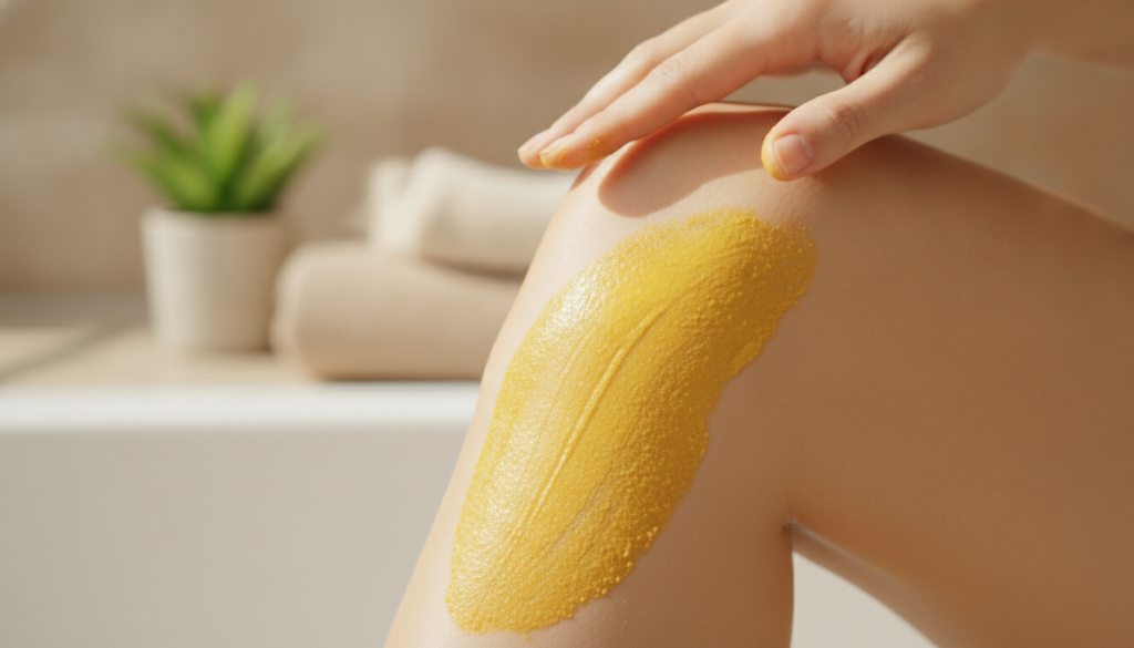 A person applying a yellow turmeric and potato mask to their knee focusing on the application technique