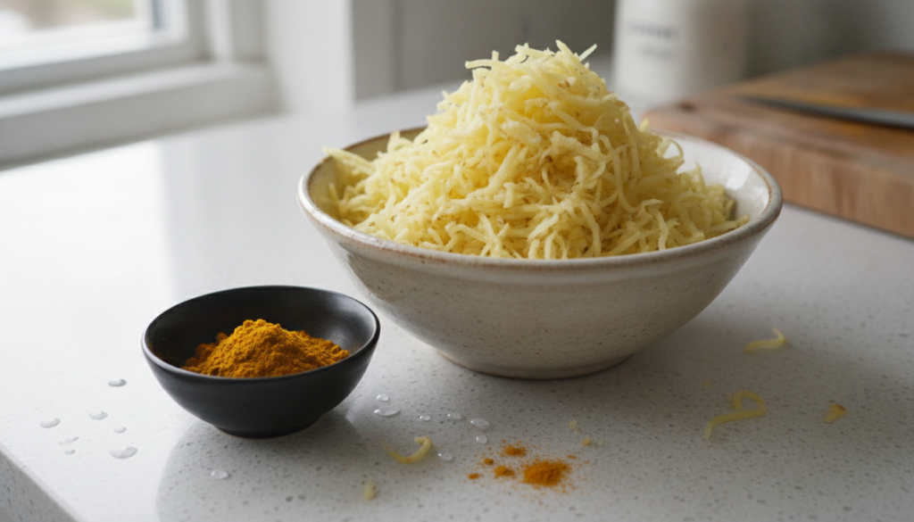 Close-up of a grated potato and a small bowl of turmeric powder with hands preparing to mix them for a mask