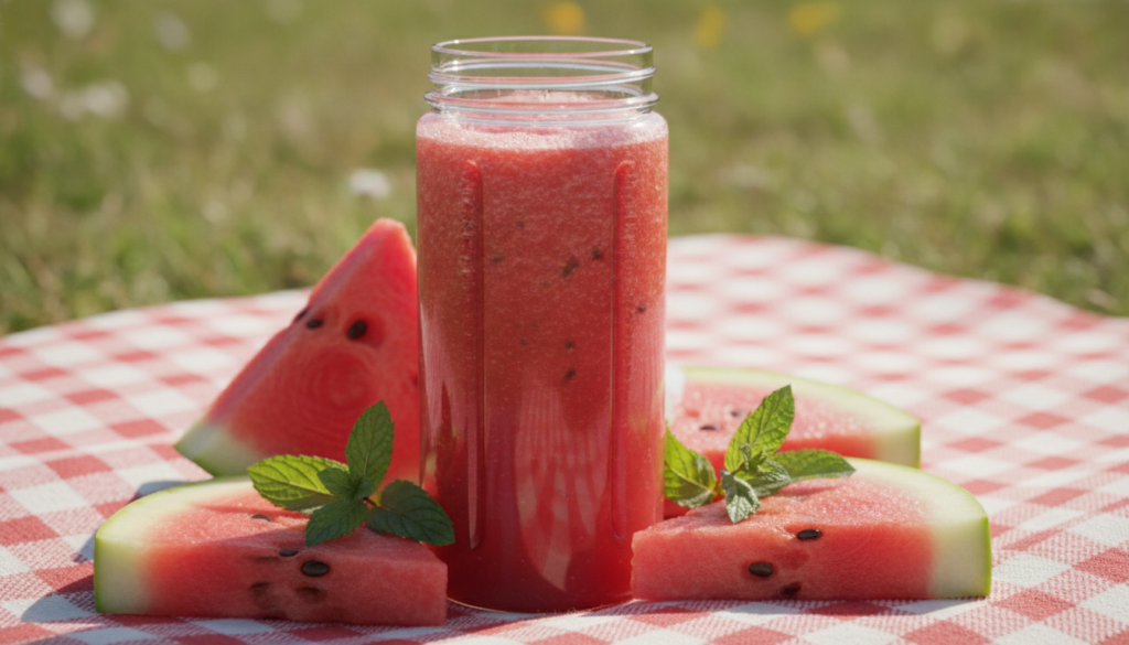 A vibrant red watermelon smoothie in a clear portable blender bottle with fresh watermelon slices and mint leaves in the