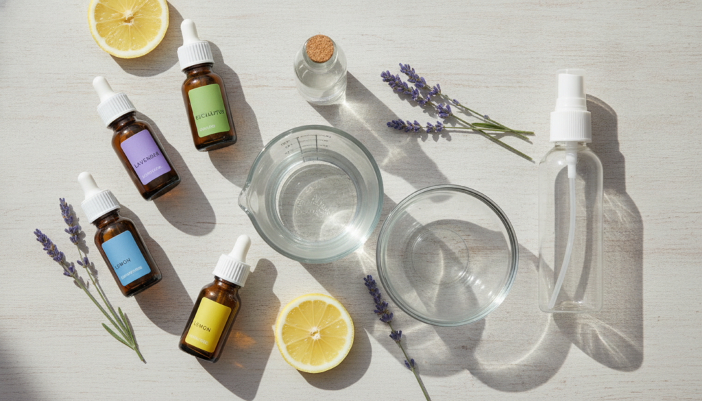 A flat lay showing all the ingredients for the DIY home spray a measuring cup with distilled water a small bottle of vod