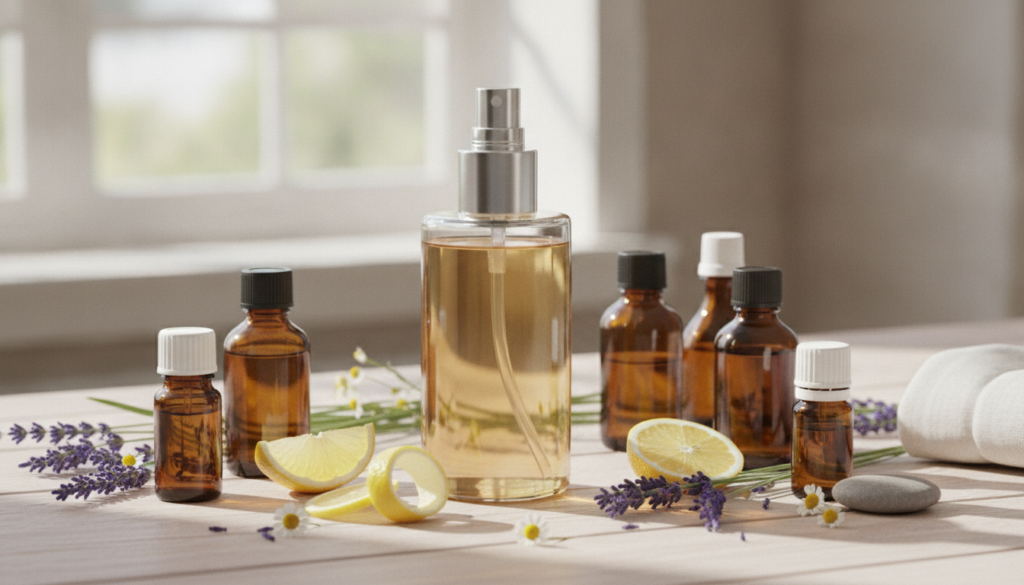 A clear glass spray bottle filled with a translucent liquid surrounded by various essential oil bottles and fresh natura