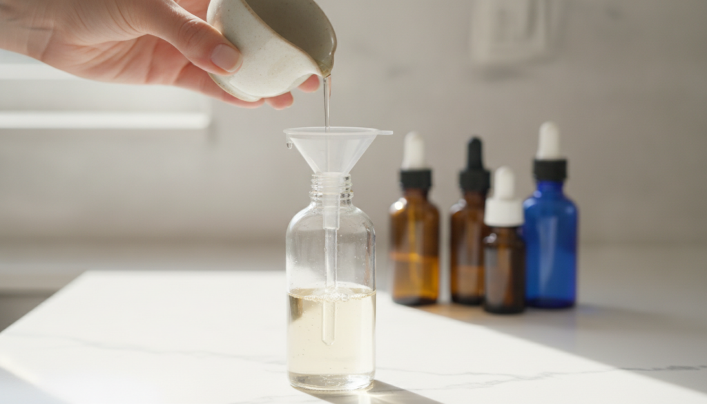 Hands pouring the mixed liquid from a bowl into a small spray bottle using a funnel with essential oil bottles blurred i