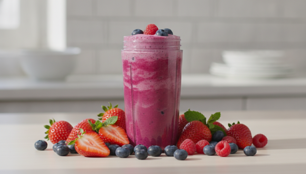 A vibrant creamy vegan berry smoothie in a clear portable blender cup surrounded by fresh mixed berries like strawberrie