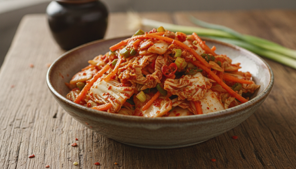 A vibrant bowl of homemade vegan kimchi with fresh ingredients like napa cabbage carrots green onions and red pepper fla