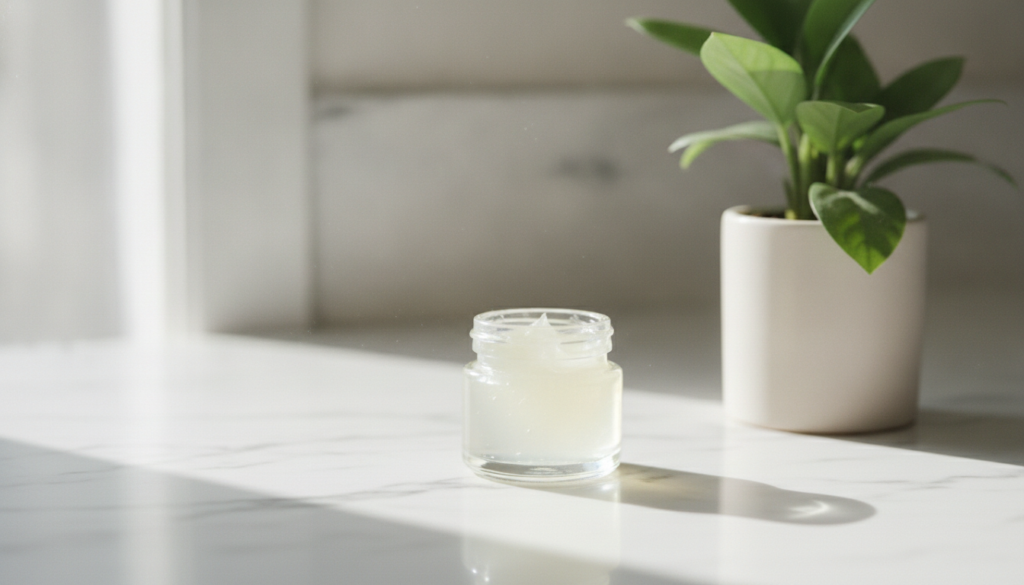 A small clear jar of Vaseline on a white marble counter next to a green plant with soft natural lighting