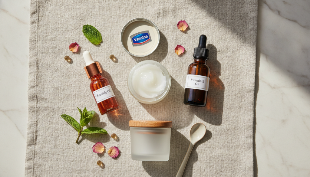 Ingredients laid out for a DIY beauty recipe a small jar of Vaseline a bottle of Vitamin E oil a small bottle of rosehip