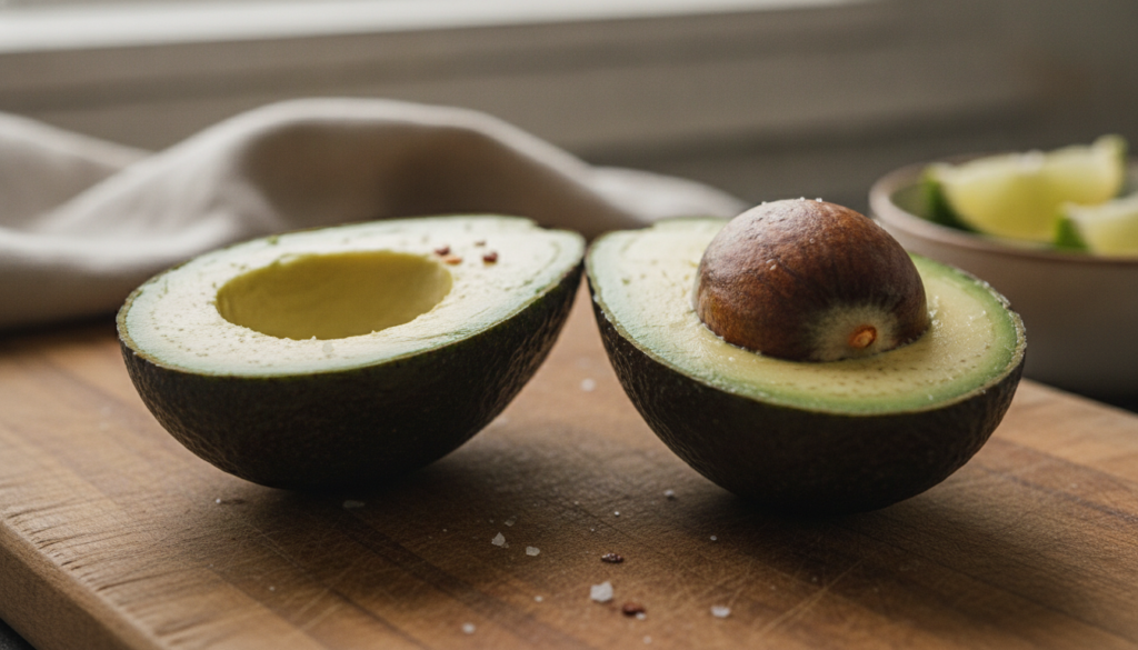 A vibrant close-up shot of a sliced avocado showing its creamy green flesh and large pit possibly on a wooden cutting bo