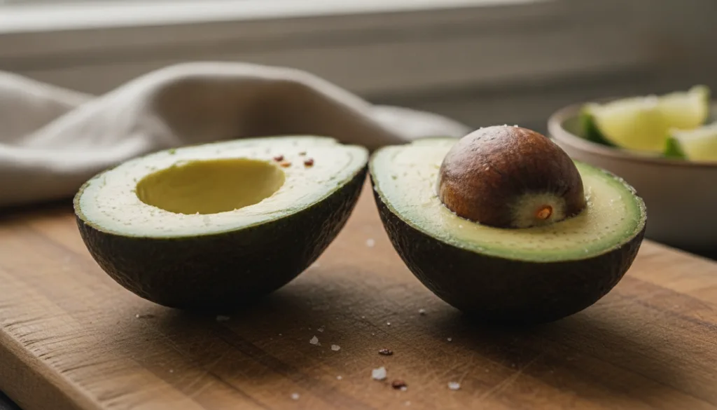 A vibrant close-up shot of a sliced avocado showing its creamy green flesh and large pit possibly on a wooden cutting bo