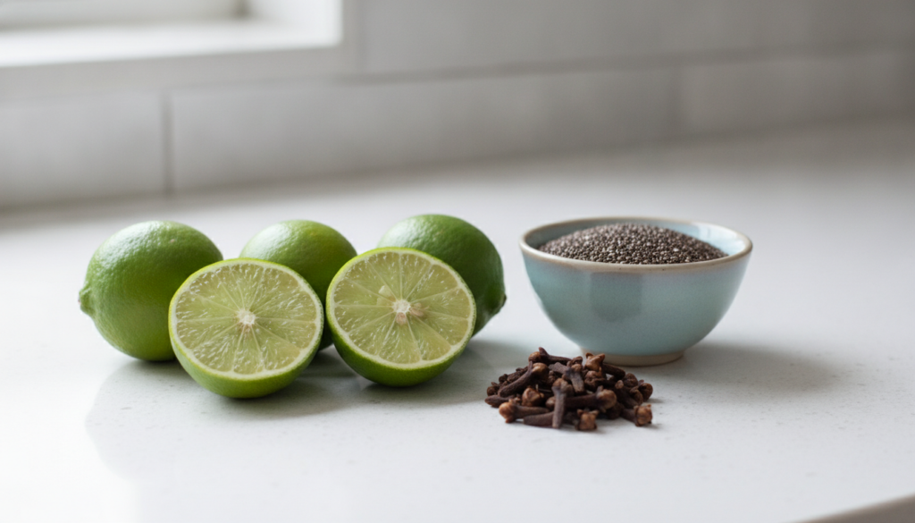 Ingredients laid out for a beauty drink fresh limes a small bowl of chia seeds and whole cloves on a clean kitchen count