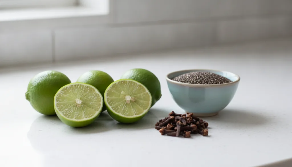 Ingredients laid out for a beauty drink fresh limes a small bowl of chia seeds and whole cloves on a clean kitchen count