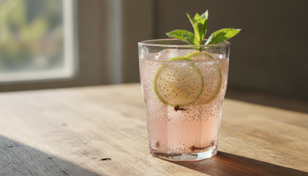 A vibrant glass of a natural beauty drink with lime slices chia seeds and cloves garnished with a sprig of mint on a rus