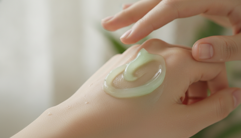 A close-up of a DIY anti-aging face mask made with aloe vera and vitamin E applied to a hand or a small spatula showcasi