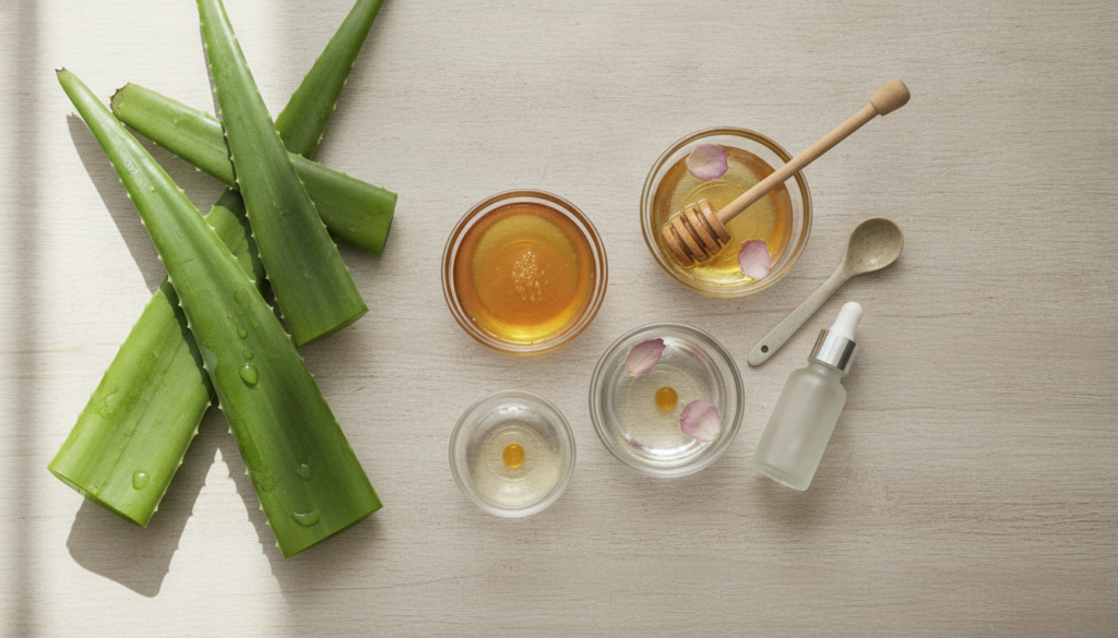 A collection of fresh aloe vera leaves and small bowls of ingredients like honey rose water and essential oils arranged 